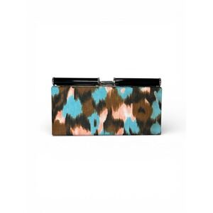 Sondra Roberts clutch abstract Animal Ikat pattern brown Teal Peach claspclosure